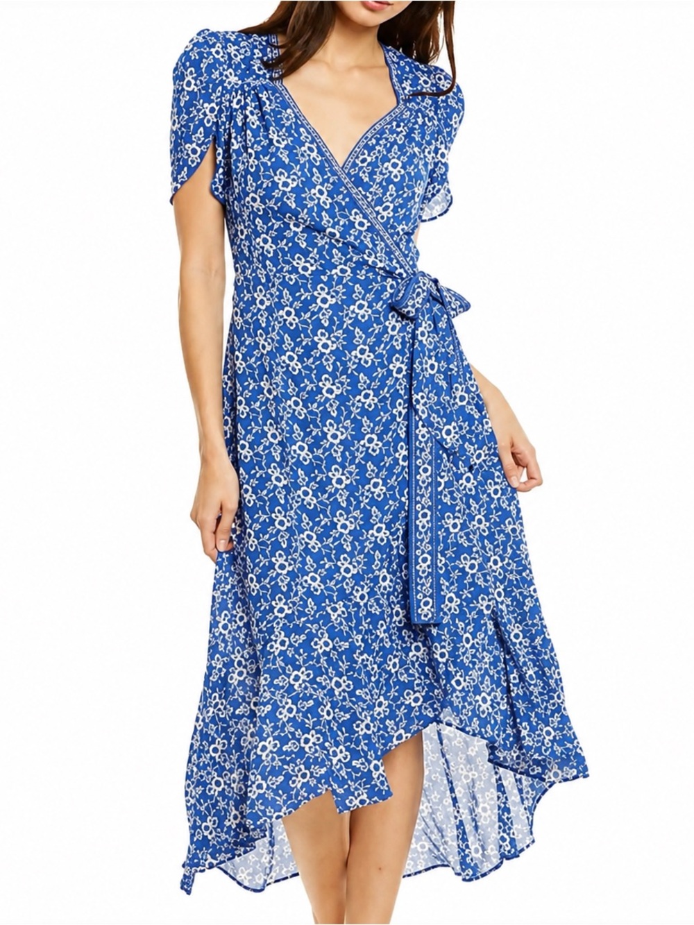 Max Studio Ruffle Crepe High Low Wrap Midi Dress